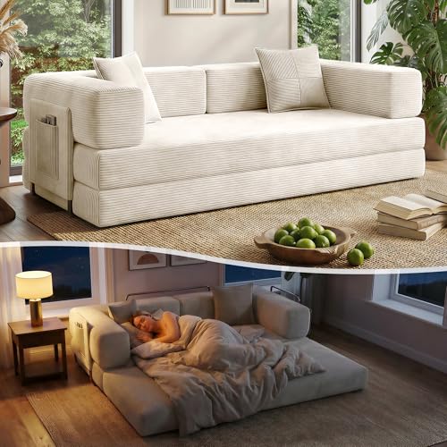 78.8" Boneless Couch for Living Room, Futon Sleeper Sofa Bed | Convertible Sofa Bed, Corduroy Pull Out Couch Loveseat with Storage Pocket, Modular Design, No Assembly, White - color: White, size: 78.8inch