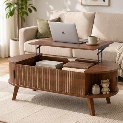 Oval Lift Top Coffee Table with Storage, 47.2" Mid Century Modern Fluted Coffee Table with Sliding Tambour Doors & Hidden Compartment, for Living Room Home Office, Walnut - color: Walnut Oval