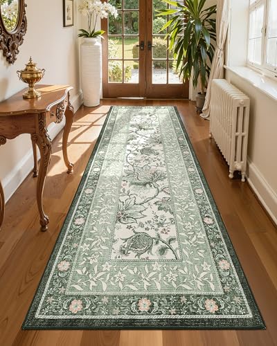 GarveeHome Sage Green 2.5 x 8 Washable Kitchen Runner Rugs Non Slip Provence Vintage Boho Cottage Long Rug for Hallways Bedroom Entryway Bathroom Mat with Rubber Back - color: Sage Grove, size: 2'6" x 8' (Runner)