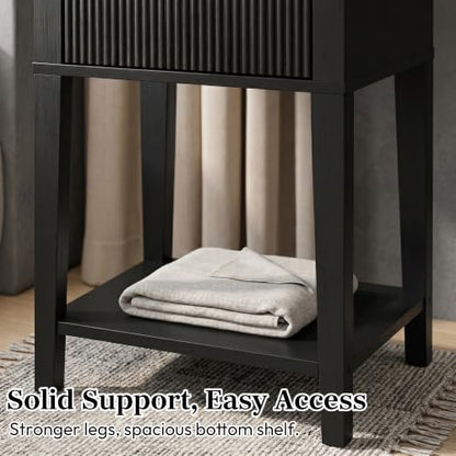 Black 15.4" Wide Small Nightstand with Drawer,Open Shelf,Fluted | Black wood-grain finish, fluted drawer front with gold handle, 11.8-inch slim depth, designer-inspired bedside storage - color: Black