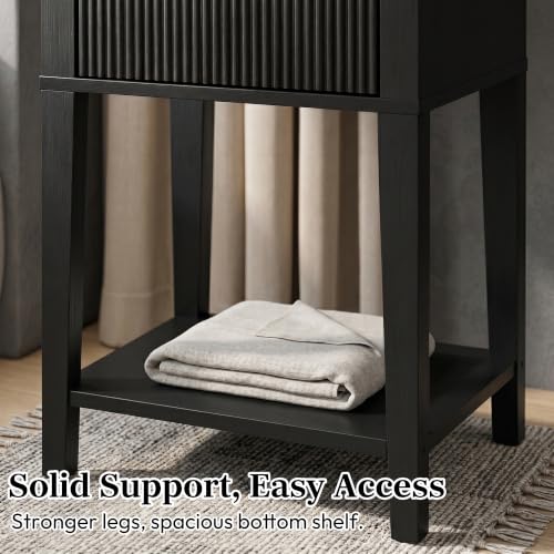 Black 15.4" Wide Small Nightstand with Drawer,Open Shelf,Fluted | Black wood-grain finish, fluted drawer front with gold handle, 11.8-inch slim depth, designer-inspired bedside storage - color: Black