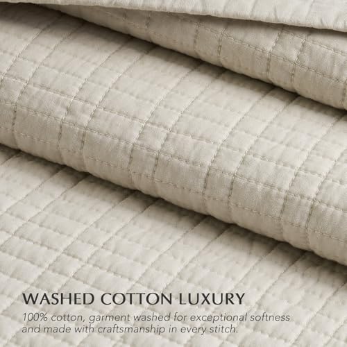 100% Cotton Modern Grid Stitch Quilt Set, Queen Size, Birch | Pre-Washed Cotton Coverlet Bedspread, Oversized Lightweight 3-Piece Bedding Set for All Season, with 2 Pillow Shams - color: Birch, size: Full/Queen (96" X 94")