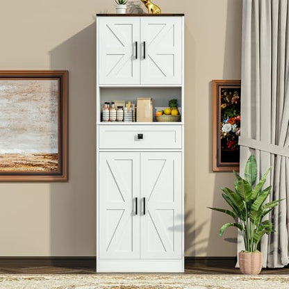 Farmhouse Kitchen Pantry Cabinet, 67" Tall Kitchen Storage Cabinet, Kitchen Hutch with Microwave Stand & Barn Doors and Drawers for Dining Room, Living Room, Study - color: White, style: Farmhouse