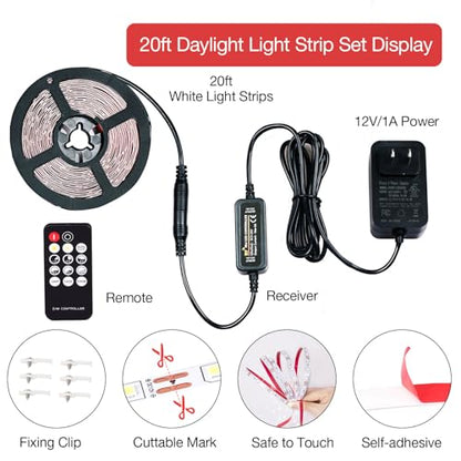 20ft White LED Strip Lights with Remote, 6500K Dimmable 12V LED Light Strip, 360 LEDs Flexible Cuttable Tape Lights for Bedroom Kitchen Cabinet Ceiling Lighting - size: 20ft-White Light Strip