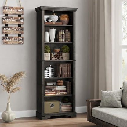 6-Tier Farmhouse Bookshelf, 73 inch Tall Book Shelf with Unique Design & 2 Adjustable Shelves, Wooden Bookshelf for Study Room, Living Room, Kitchen, Bedroom (Black) - color: Black, size: 6-tier