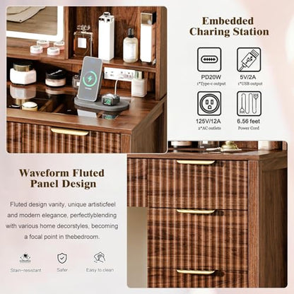 Arulvmrn 43.3'' Vanity Desk with Mirror and Lights, with Glass Tabletop, with 5 Drawers & Shelves,Makeup Vanity Set for Bedroom, Tan - color: Tan