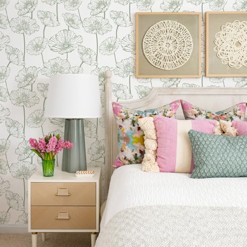 Floral Peel and Stick Wallpaper Boho Contact Paper | 17.3inx393.7in Green and White Wallpaper Self Adhesive Decorative Wall Paper for Bedroom Living Room Decor Removable - color: Green and White, size: 17.3" x 393.7"