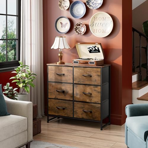 WLIVE Dresser for Bedroom with 6 Drawers, Rustic Brown Wood Grain Print | Closet Dresser, Metal Frame, Wooden Top, Fabric Dresser for Closet, Living Room, Hallway - color: Rustic Brown Wood Grain Print