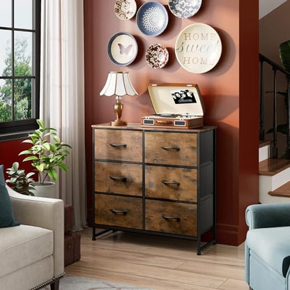 WLIVE Dresser for Bedroom with 6 Drawers, Rustic Brown Wood Grain Print | Closet Dresser, Metal Frame, Wooden Top, Fabric Dresser for Closet, Living Room, Hallway - color: Rustic Brown Wood Grain Print