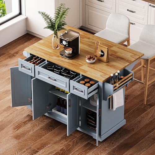 54inch Large Kitchen Island with Rubber Wood Drop Leaf,Embossed Texture Rolling Kitchen Cart On 4 Wheels with 4 Doors and 3 Drawers, Storage for Dining Room (Grey Blue-0t) - color: Grey Blue-0t)