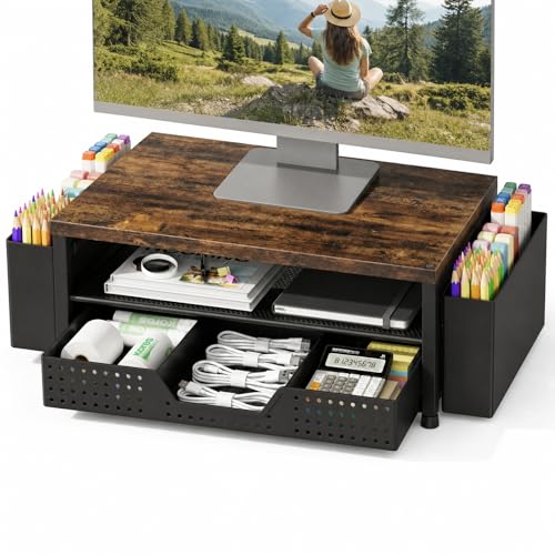 LEKETREE Wood Desk Organizer, 2-Tier Computer Monitor Stand Riser with Storage Drawer and 2 Pen Holders, Laptop & Printer Stand, Shelf for Top of Desk (Rustic Brown)