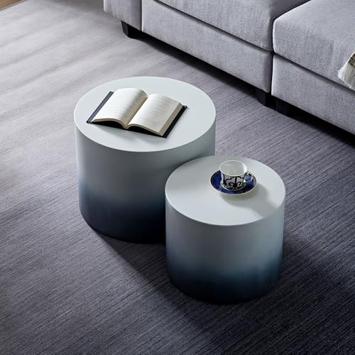 18.9" Gradient Color Nesting Coffee Table Set of 2 for Living Room, Modern Round Coffee Tables Accent Circle Tea Table Set for Small Space, No Assembling, White + Blue - color: 18.9" White + Blue