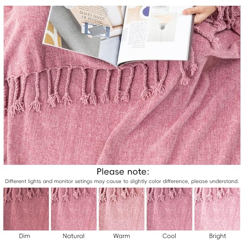 BATTILO HOME Pink Chenille Throw Blanket for Couch, Soft Cozy Textured Knit Throw Blanket with Handmade Fringe Tassels, Lightweight Decorative Farmhouse Blanket for Sofa Bed Chair, 50"x60" | Soft Chenille Knit with Handmade Fringe Tassels, Lightweight, Co