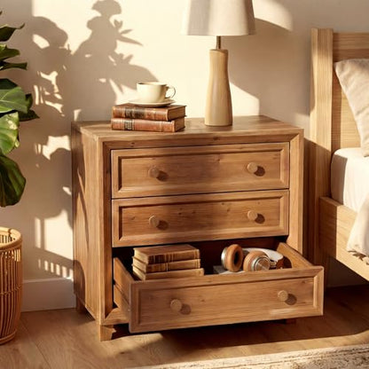 Solid Wood Nightstand with 3 Drawers, 31.5” Wide Bedside Table with Round Wooden Knobs & Low-Profile Legs for Stability, Mid-Century Modern Night Table for Bedroom, Easy Assembly
