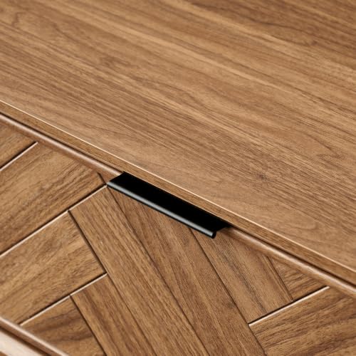 mopio Axis 47" Herringbone Walnut Coffee Table with Reinforced Slim Black Metal Legs and Handles, Industrial Design - color: Herringbone Walnut