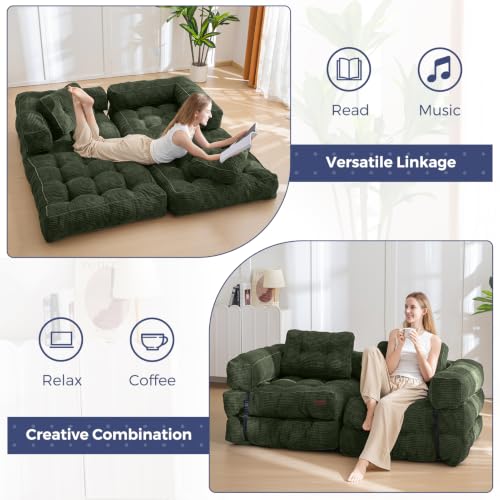 MAXYOYO Folding Sofa Bed, Convertible Chair Bed with Pillow | L-Shaped Floor Sofa with Armrest and Pillow, Foldable Portable Fold Out Comfy Chair Bed for Living Room Bedroom, Dark Green - color: Dark Green