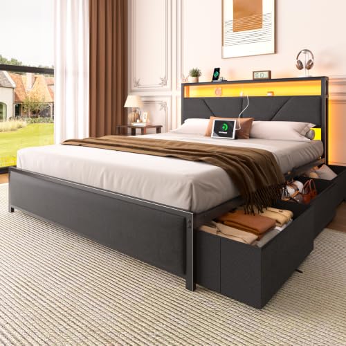 Full Size Bed Frame with Storage Headboard, 6 Drawers, LED&Charging | 2-Tier Fabric Upholstered Headboard, Charging Station&RGB Lights, No Box Spring Needed, easy assembly, Noise-Free - color: Dark Gray, size: Full