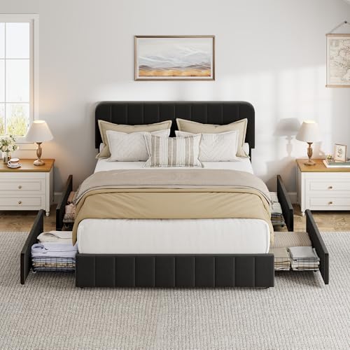 Garvee Queen Size Velvet Bed Frame with 4 Storage Drawers, Upholstered Platform Bed with Vertical Channel Tufted Adjustable Headboard, No Box Spring Needed, Easy Assembly, Black | Plush Velvet Comfort, Adjustable Tufted Headboard, Sturdy Slat Support, Qui