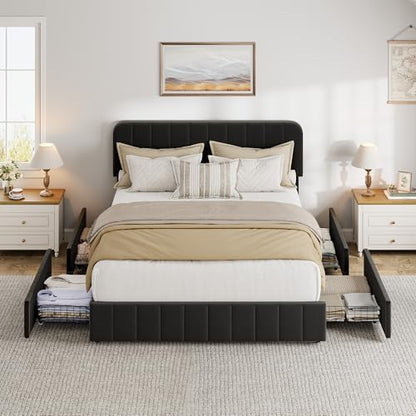 Garvee Queen Size Velvet Bed Frame with 4 Storage Drawers, Upholstered Platform Bed with Vertical Channel Tufted Adjustable Headboard, No Box Spring Needed, Easy Assembly, Black | Plush Velvet Comfort, Adjustable Tufted Headboard, Sturdy Slat Support, Qui