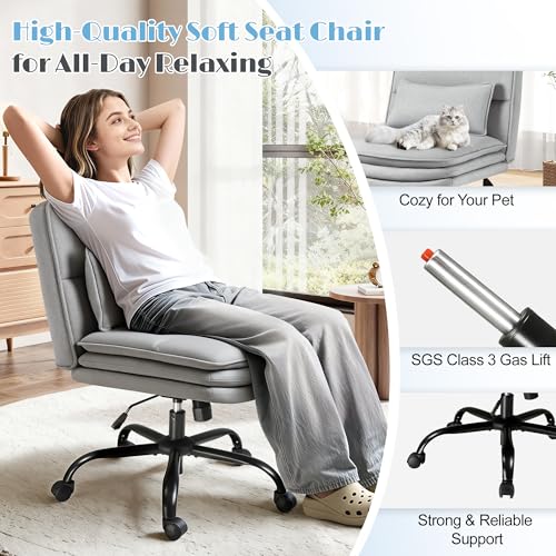 Furmax Criss Cross Legged Office Chair with Wheels, Armless Extra Wide Seat Swivel Desk Chair, Adjustable Height Comfy Task Chair with Thick Cushion for Home Office Bedroom Vanity (Fabric, Grey) - color: Grey