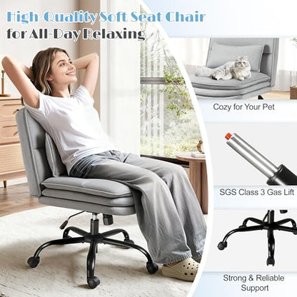 Furmax Criss Cross Legged Office Chair with Wheels, Armless Extra Wide Seat Swivel Desk Chair, Adjustable Height Comfy Task Chair with Thick Cushion for Home Office Bedroom Vanity (Fabric, Grey) - color: Grey
