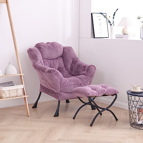 Lazy Chair with Ottoman, Comfy Accent Reading Chair, Plush Purple | Foldable Footrest,Removable Cover,with Armrests and Side Pockets,Upholstered Lounge Chair for Bedroom,Dorm,Office,Small Space - color: Plush Purple