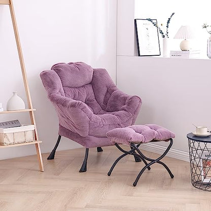Lazy Chair with Ottoman, Comfy Accent Reading Chair, Plush Purple | Foldable Footrest,Removable Cover,with Armrests and Side Pockets,Upholstered Lounge Chair for Bedroom,Dorm,Office,Small Space - color: Plush Purple