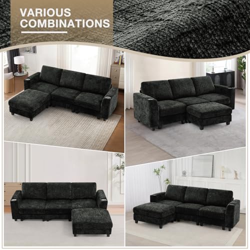87" Chenille 3 Seater Couch with Soft Ottoman, Black | L-Shape Sectional Sofa with Durable Cup Holders, Upholstered Sofa with Comfy Backrests for Living Room, House - color: Black, size: 87" L-Shape