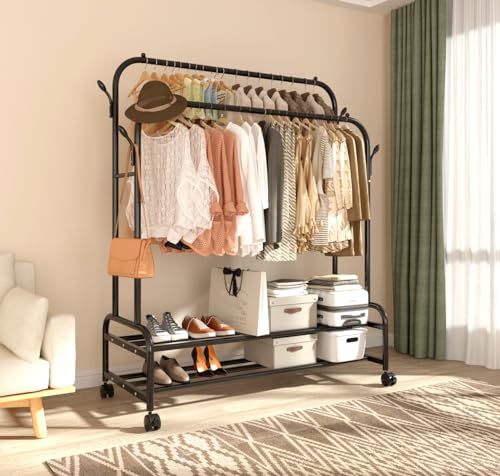 Antiwar Sturdy Metal Double Rodding Clothes Rack With Wheels, Portable Clothing Rack With Shelves & Hooks, Heavy Duty Garment Racks for Hanging Clothes, Multi-Functional Closet Rack for Bedroom, Black - color: LIght Black
