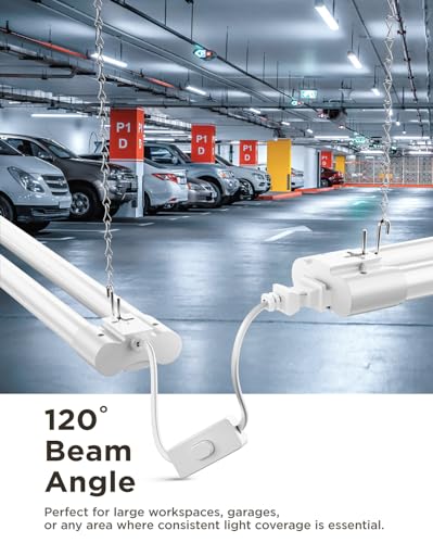 Sunco 6 Pack LED Shop Lights 4FT, Plug in Linkable, White, 40W=150W | 5000K Daylight, 4500LM, Frosted Lens, Pull Chain, Hanging/Surface Mount, 48 Inch Utility Light Fixture for Garage, Workshop