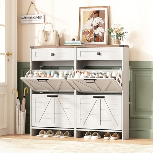 Halitaa Shoe Cabinet with 4 Flip Drawers & 2 Drawers,Farmhouse Shoe Storage Cabinet for Entryway,Slim Freestanding Organizer Rack for Front Door Entrance,White - color: White, style: 4-Drawers