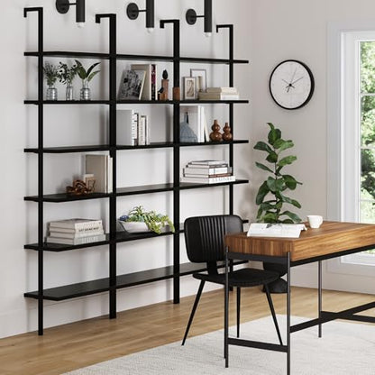 Nathan James Theo 6-Shelf Tall Bookcase, Wall Mount Bookshelf Wood Shelves and Metal Frame, Matte Black, Set of 3 - color: Black, size: Set of 3
