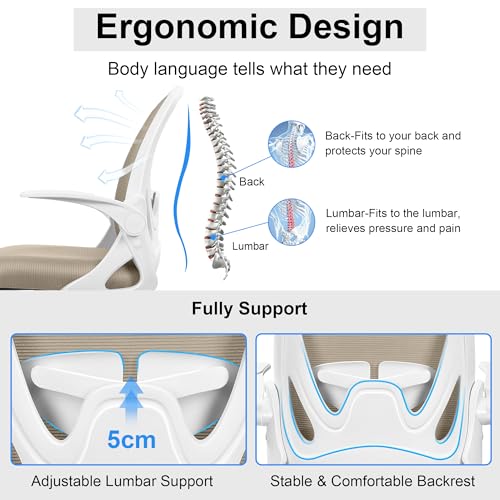 Office Chair Ergonomic Desk Chair with Flip up Armrests Swivel Breathable Desk Mesh Computer Chair with Adjustable Lumbar Support and Height for Conference Room (Khaki) - color: Khaki