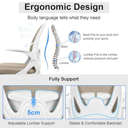 Office Chair Ergonomic Desk Chair with Flip up Armrests Swivel Breathable Desk Mesh Computer Chair with Adjustable Lumbar Support and Height for Conference Room (Khaki) - color: Khaki