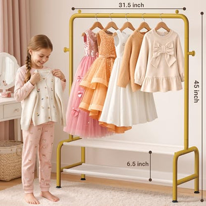 Kids Gold Clothing Rack - Dress Up Clothes Rack - Baby Toddler Closet - Freestanding Coat Racks with 2 Fabric Shelves - Small Kids Costume Wardrobe - Garment Rack for Hanging Clothes Organizer - color: Gold