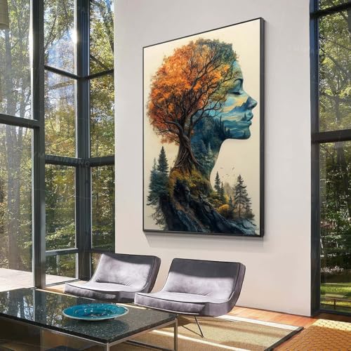 Glethua Abstract Woman Face and Tree Canvas Wall Art, Magical Nature Wall Decor, Mother Earth Spirit Painting, Modern Forest Art Poster for Living Room Bedroom Office Dining Room (Black Framed, 39"x59"/100x150cm) - color: Black Framed, size: 39"L x 59"W