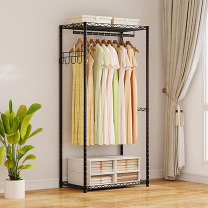 ecobedding Heavy Duty Garment Rack, 900LBS Max Load Freestanding Closet Organizer with 6 Storage Shelves & 3 Adjustable Hanging Rods, Multifunctional (Black, 15.75" D x (69.7~88.2)" W x 79.5" H)