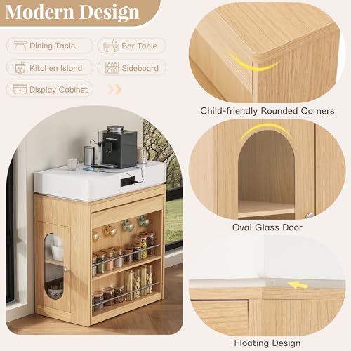 Extendable Dining Table with Folding Tabletop & Power Outlet, Modern Kitchen Island Sideboard with Wheels, Hidden Drawers & USB Charging, Sturdy Buffet Table for Small Spaces (Natural) - color: Natural