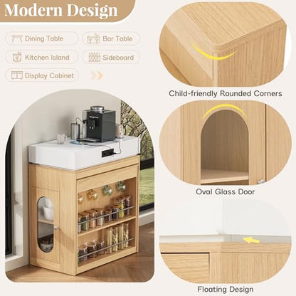 Extendable Dining Table with Folding Tabletop & Power Outlet, Modern Kitchen Island Sideboard with Wheels, Hidden Drawers & USB Charging, Sturdy Buffet Table for Small Spaces (Natural) - color: Natural