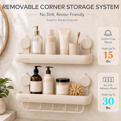 Shower Caddy Suction Cup, Removable Shower Organizer Shelf,2 Pack | Large Capacity, Rustproof Aluminum, 2 Install Ways, Includes Hooks&Hanging Bar,Wall-Mounted Bathroom Organizer Storage Holder - color: Milky White