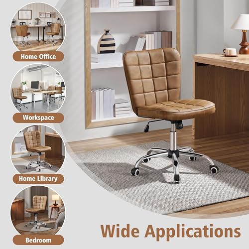 Yaheetech Retro Brown Tufted Armless Desk Chair with Wheels, Faux Leather | Thick foam cushioned seat tilts back to relax, lifts 18-22 in, spins 360 degrees, holds 300 lb, and assembles with ease. - color: Retro Brown