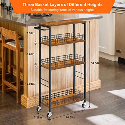 YBING Slim Storage Cart 4 Tier Narrow Kitchen Rolling Cart | Wooden Tabletop, Mobile Utility Stand on Wheels, For Bathroom Laundry Narrow Places, Rustic Brown 16.5"L x 7.3"W x 34.6"H - color: Browm