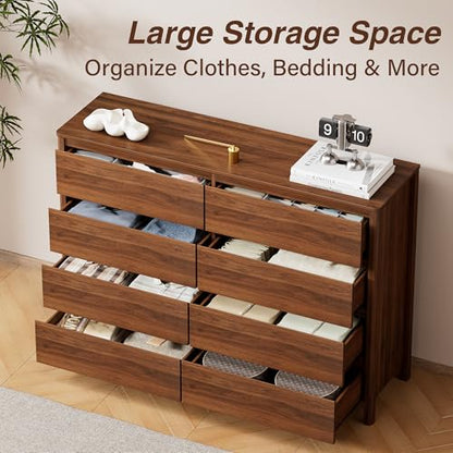 Furniway 55" Mid-Century Modern Dresser for Bedroom, 8 Drawer Wide Chest of Drawers with Wood Legs, Large Storage Bedroom Dresser, Walnut - size: 8 Drawers