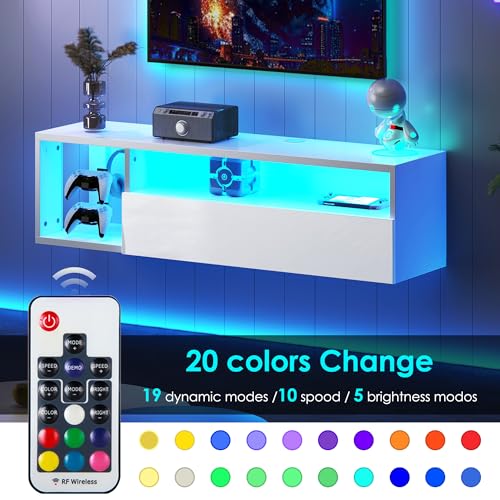 sogesfurniture 39.3'' TV Stand, Floating Entertainment Center with Lights, Modern Media Console with Storage, Wall Mounted LED TV Stand for Living Room, White - size: 39.3''-White