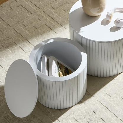 Round Nesting Coffee Table Set of 2, Wood Side Tables with Storage | Fluted Walnut Accent and End Tables Sets, Mid Century Modern, for Living room, bedroom, office, small spaces, White - color: 19.17" White With Storage