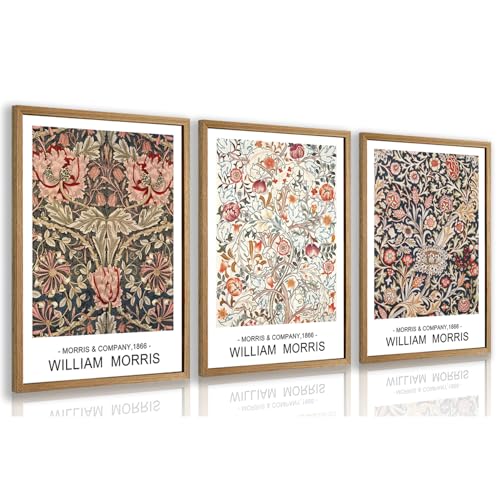 Cyebmo William Morris Wall Art Set of 3, Vintage Floral Wall Decor, Retro Nature Botanical Canvas Paintings, Classic Minimalist Poster Prints for Bedroom Living Room Office Wood Framed 12x16 Inch - color: William Floral(Wood), size: 16"L x 12"W