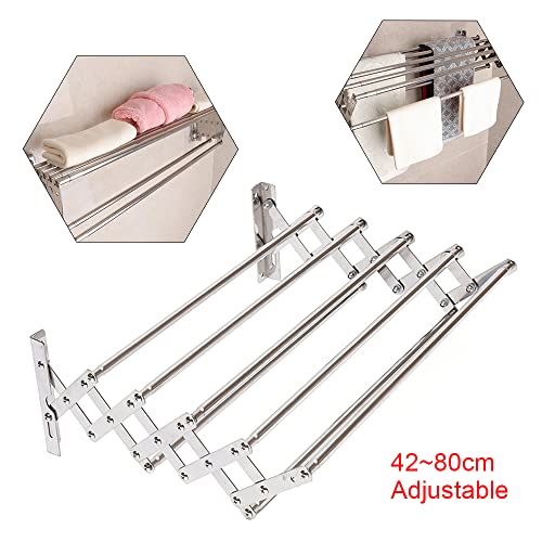 32in Wall Mounted Laundry Drying Rack 88lbs Capacity Foldable Wall Mount Laundry Rack Folding Indoor Clothes Hanger Rack, Retractable Clothes Rack 7 Rods White