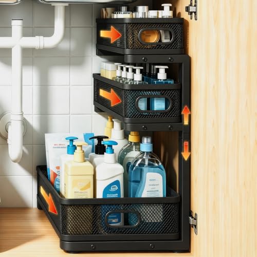 1 Pack 3 Tier Under Sink Organizer, Height Adjustable Heavy Duty Metal Under Cabinet Drawer Pull Out Shelf with Smooth Silent Sliding Design, Organizer and Storag Rack for Kitchen, Bathroom, Black - color: Black, size: 1 Pack