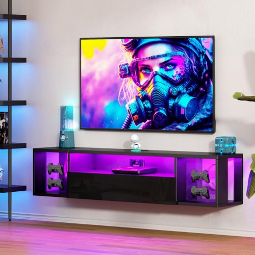 DlandHome 55.1" W Floating TV Stand with LED, Wooden Entertainment Center | Wall Mounted TV Shelf for 50/55/60/65" TV, Media Console with Storage Shelves, Floating Entertainment Center, Black - size: 55.1'' Black