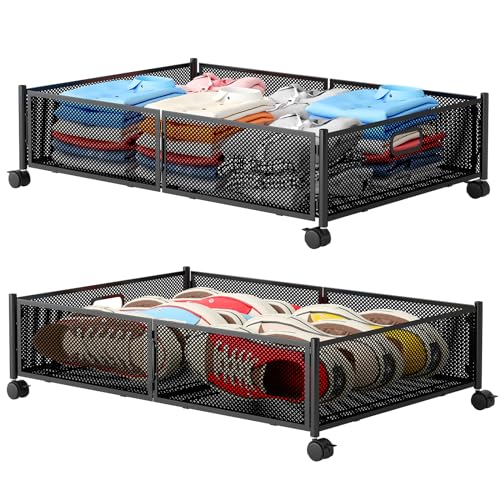 Gawerk Under Bed Storage with Wheels, Foldable Metal Mesh Underbed Storage Container Bins, Tool-free Assembly Clothes Drawer Organizer,2Pack - color: Black